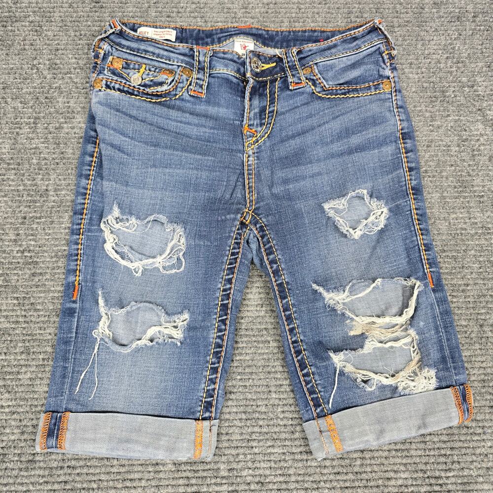 True Religion Riley Knee Shorts Womens 28 Distressed Orange Stitch Y2K Jorts